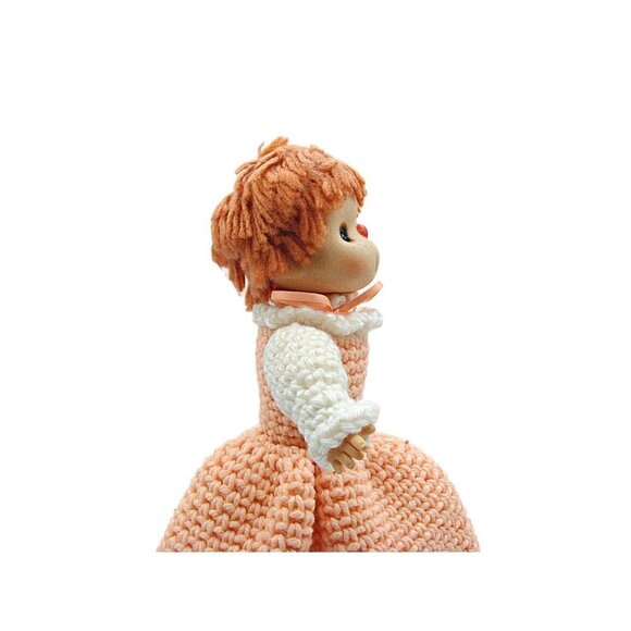 Vintage 1960s Red Hair Peach Dress Bottom Closes Hand Crocheted Bed Pillow Doll - Picture 5 of 12